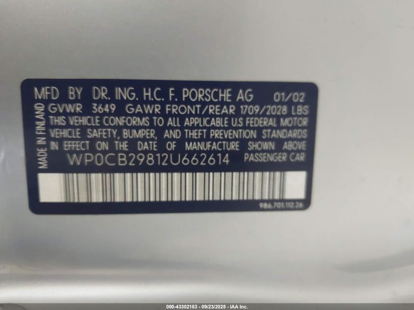 2002 Porsche Boxster S VIN: WP0CB29812U662614 Lot: 43302183