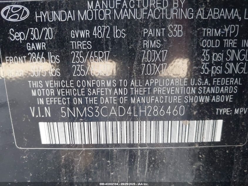 2020 Hyundai Santa Fe Sel VIN: 5NMS3CAD4LH286460 Lot: 43302184