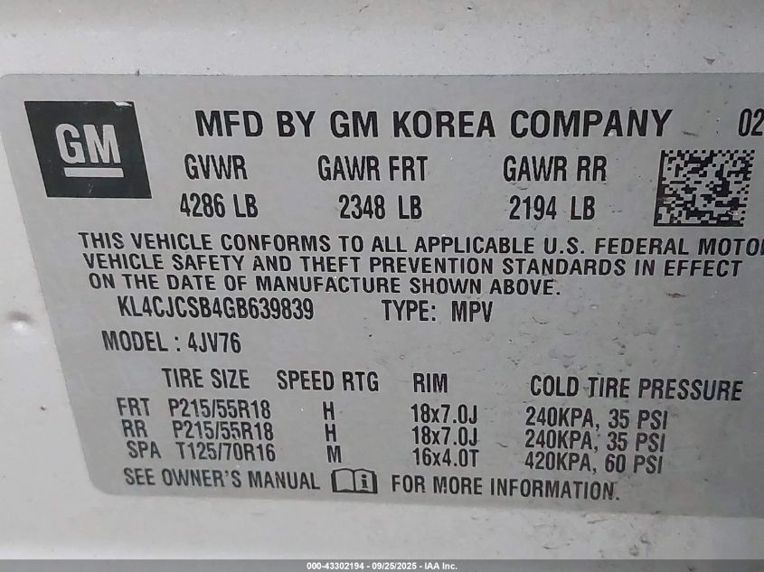 2016 Buick Encore Leather VIN: KL4CJCSB4GB639839 Lot: 43302194