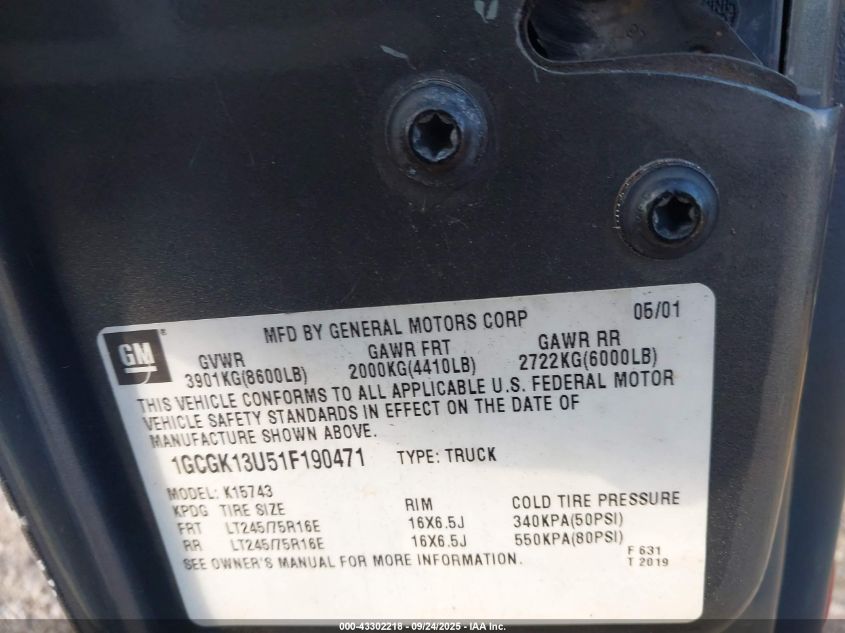 2001 Chevrolet Silverado 1500Hd Lt VIN: 1GCGK13U51F190471 Lot: 43302218