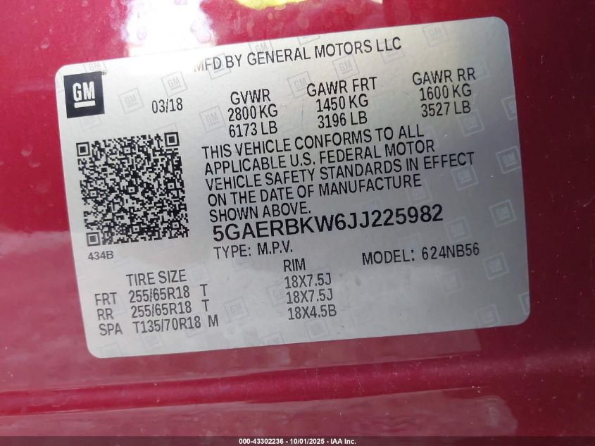 2018 Buick Enclave Essence VIN: 5GAERBKW6JJ225982 Lot: 43302236