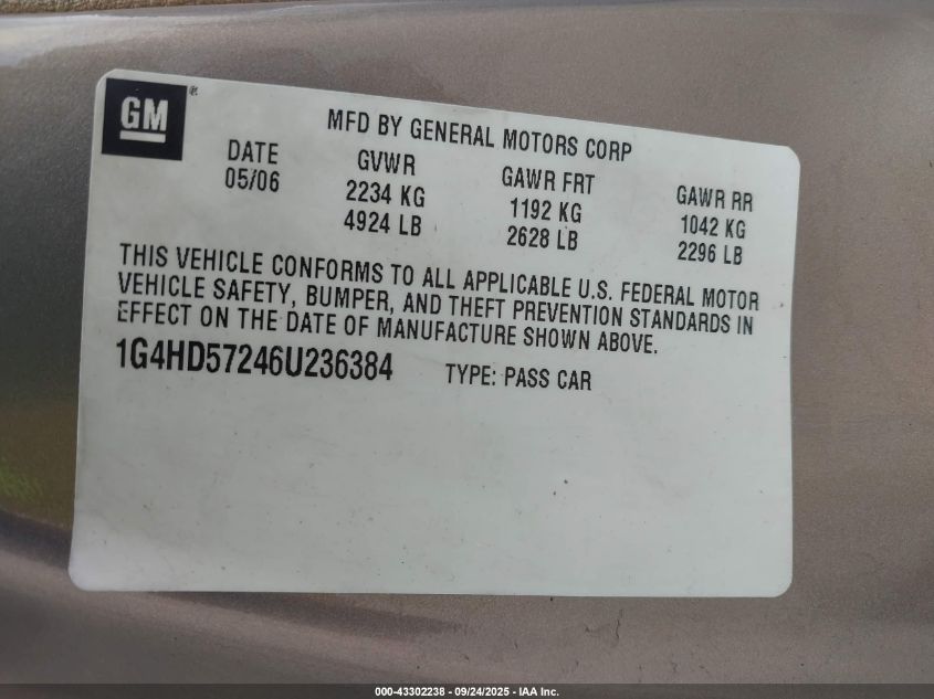 2006 Buick Lucerne Cxl VIN: 1G4HD57246U236384 Lot: 43302238