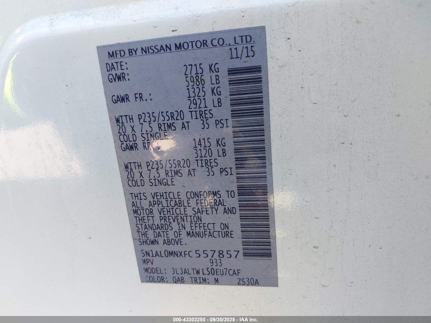 2015 Infiniti Qx60 VIN: 5N1AL0MNXFC557857 Lot: 43302250