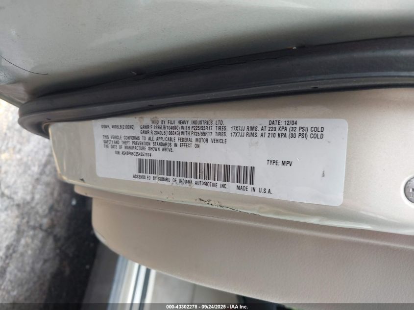 2005 Subaru Outback 3.0R Vdc Limited VIN: 4S4BP85C254357374 Lot: 43302278
