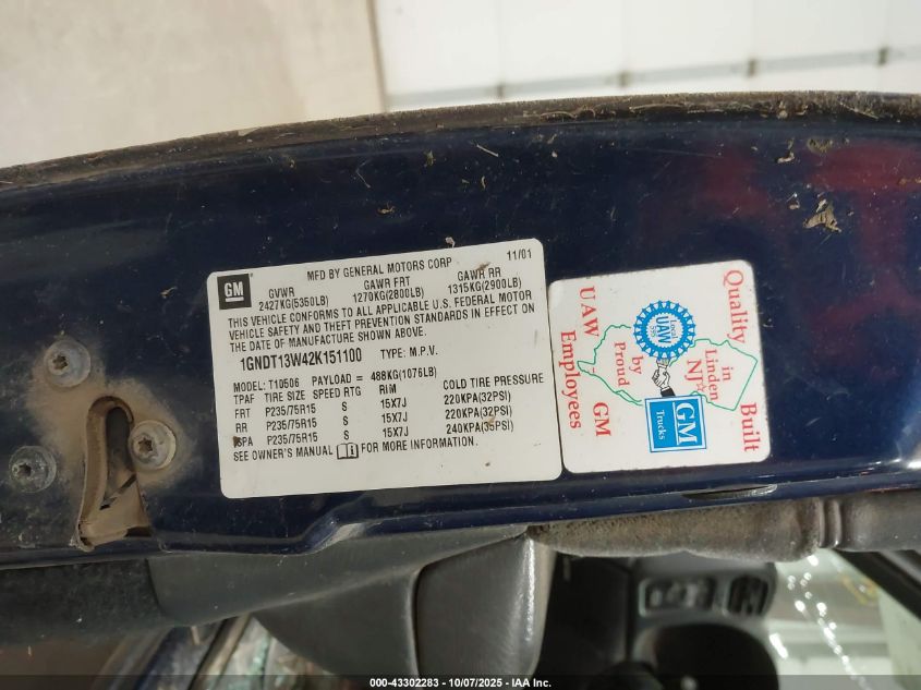 2002 Chevrolet Blazer Ls VIN: 1GNDT13W42K151100 Lot: 43302283