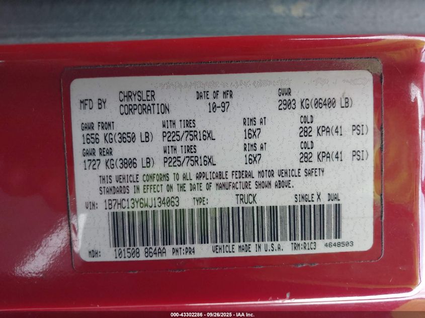 1998 Dodge Ram 1500 St VIN: 1B7HC13Y6WJ134063 Lot: 43302286