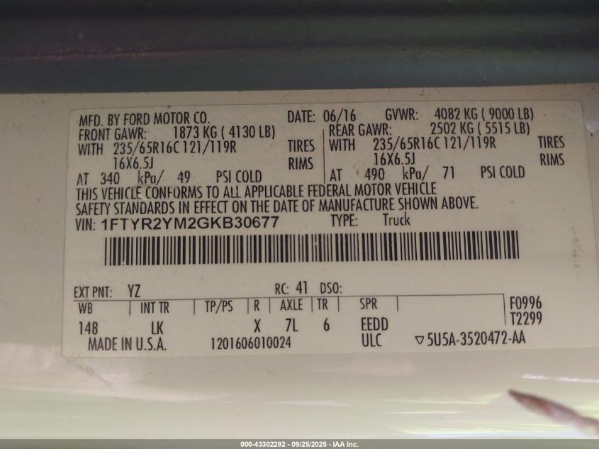 2016 Ford Transit-250 VIN: 1FTYR2YM2GKB30677 Lot: 43302292