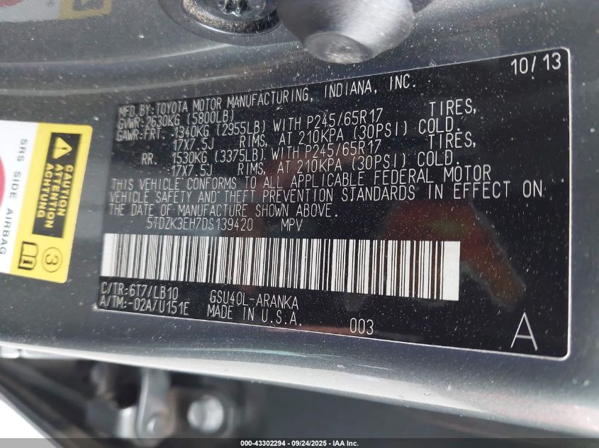 2013 Toyota Highlander Se V6 VIN: 5TDZK3EH7DS139420 Lot: 43302294