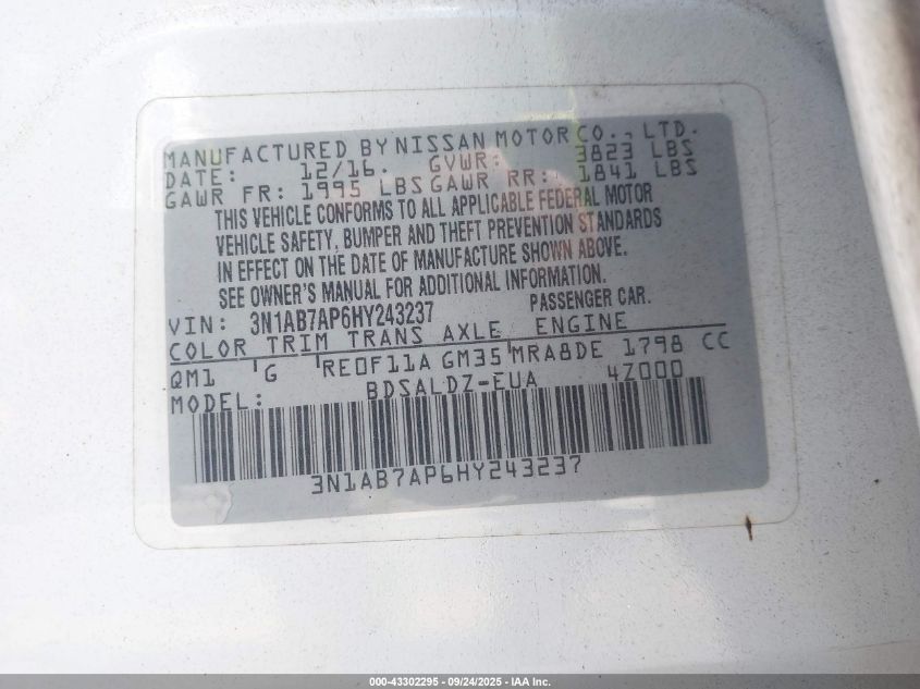 2017 Nissan Sentra Sv VIN: 3N1AB7AP6HY243237 Lot: 43302295