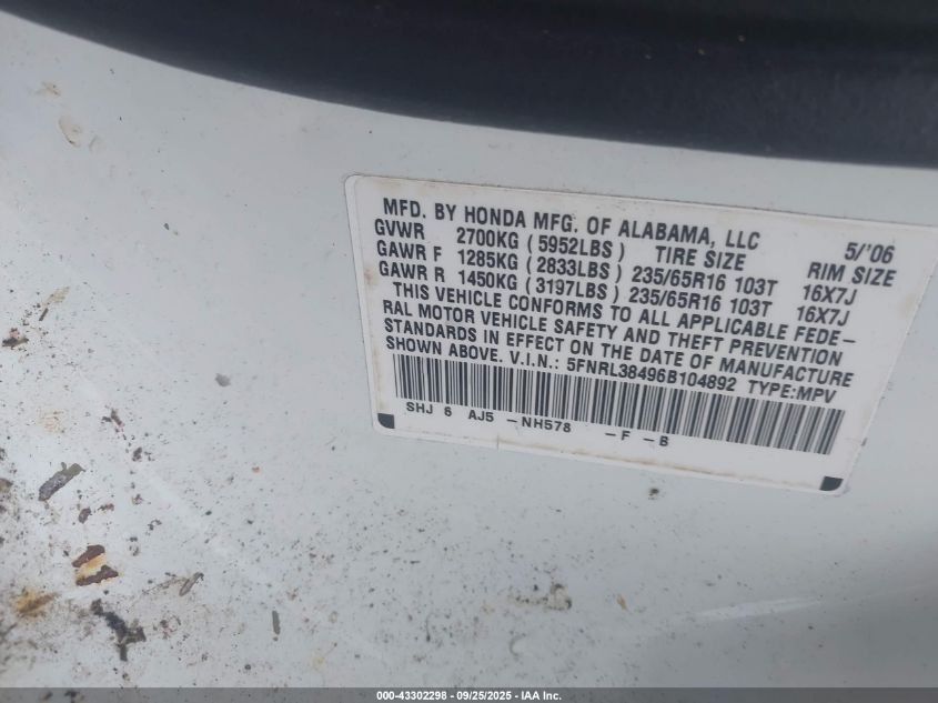 2006 Honda Odyssey Ex VIN: 5FNRL38496B104892 Lot: 43302298