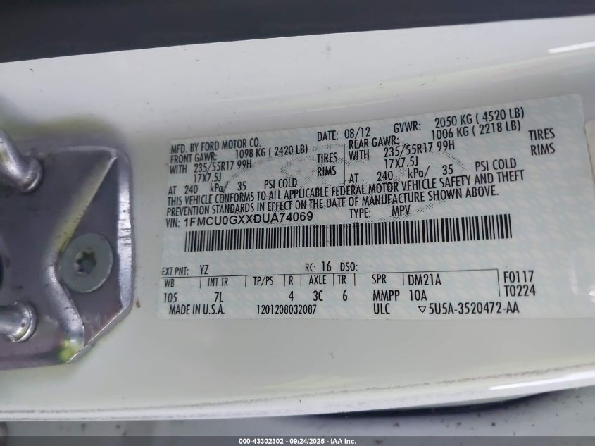 2013 Ford Escape Se VIN: 1FMCU0GXXDUA74069 Lot: 43302302