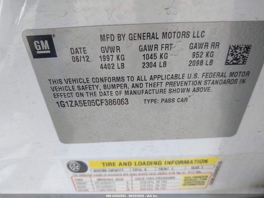 2012 Chevrolet Malibu Ls VIN: 1G1ZA5E05CF386063 Lot: 43302303