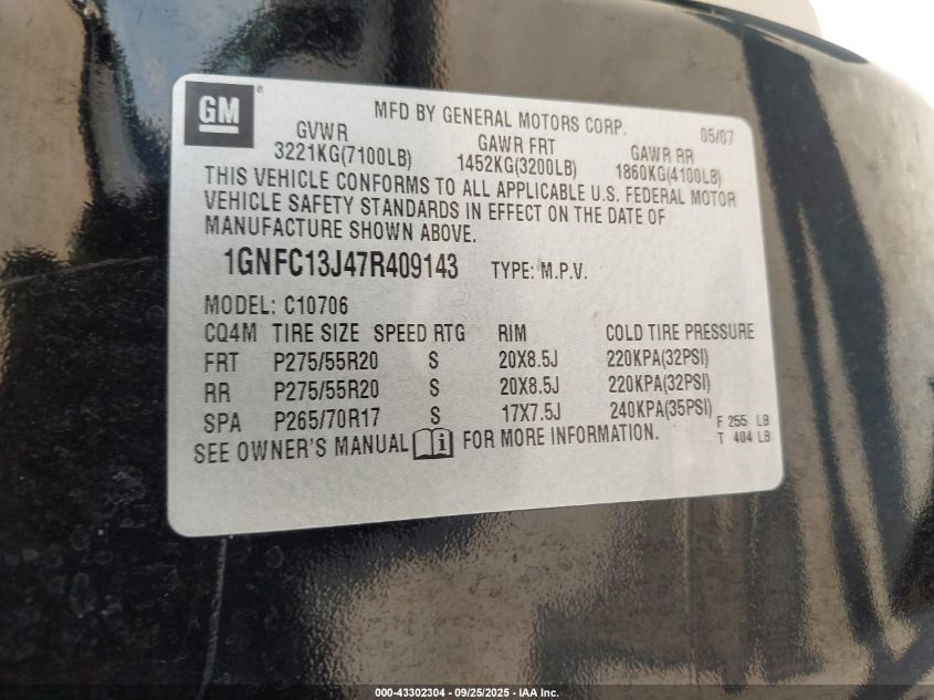 2007 Chevrolet Tahoe Ltz VIN: 1GNFC13J47R409143 Lot: 43302304