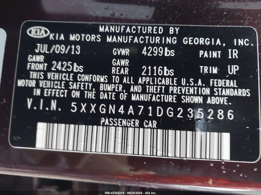 2013 Kia Optima Ex VIN: 5XXGN4A71DG235286 Lot: 43302318