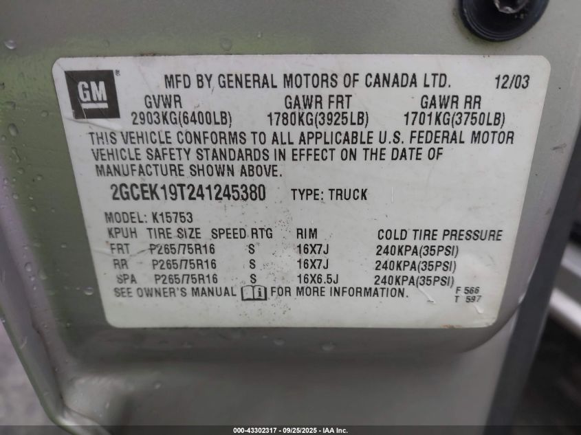 2004 Chevrolet Silverado 1500 Ls VIN: 2GCEK19T241245380 Lot: 43302317