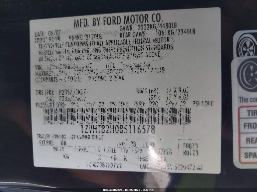 2008 Ford Mustang Gt Deluxe/Gt Premium VIN: 1ZVHT82H085116578 Lot: 43302325