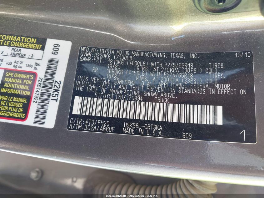 2011 Toyota Tundra Grade 5.7L V8 VIN: 5TFUY5F12BX170894 Lot: 43302330