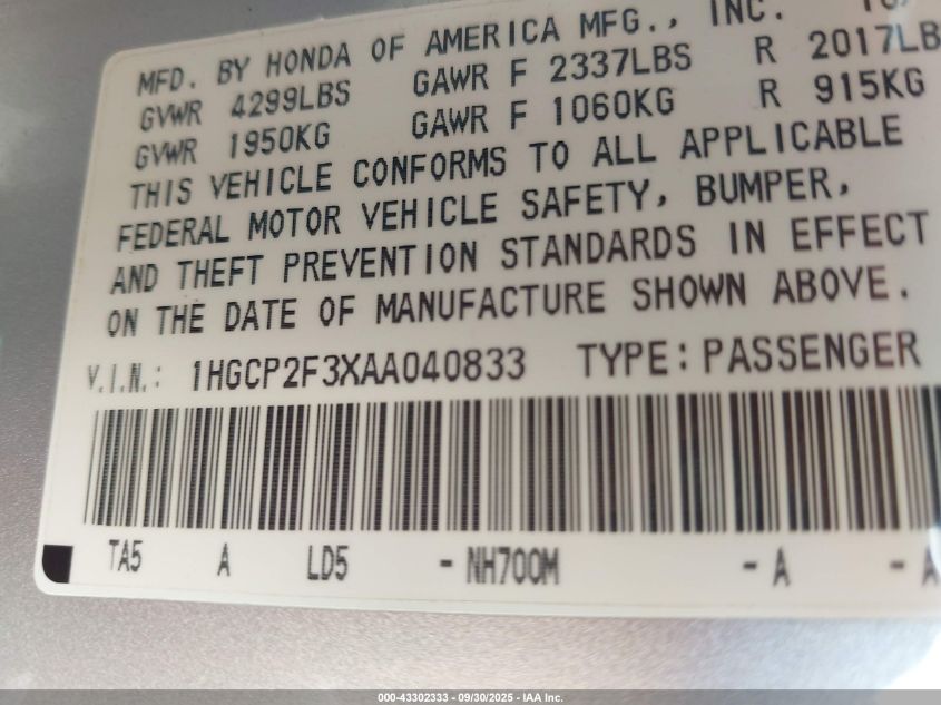 2010 Honda Accord 2.4 Lx VIN: 1HGCP2F3XAA040833 Lot: 43302333