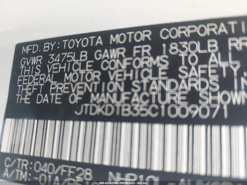 2012 Toyota Prius C Three VIN: JTDKDTB35C1009071 Lot: 43302344