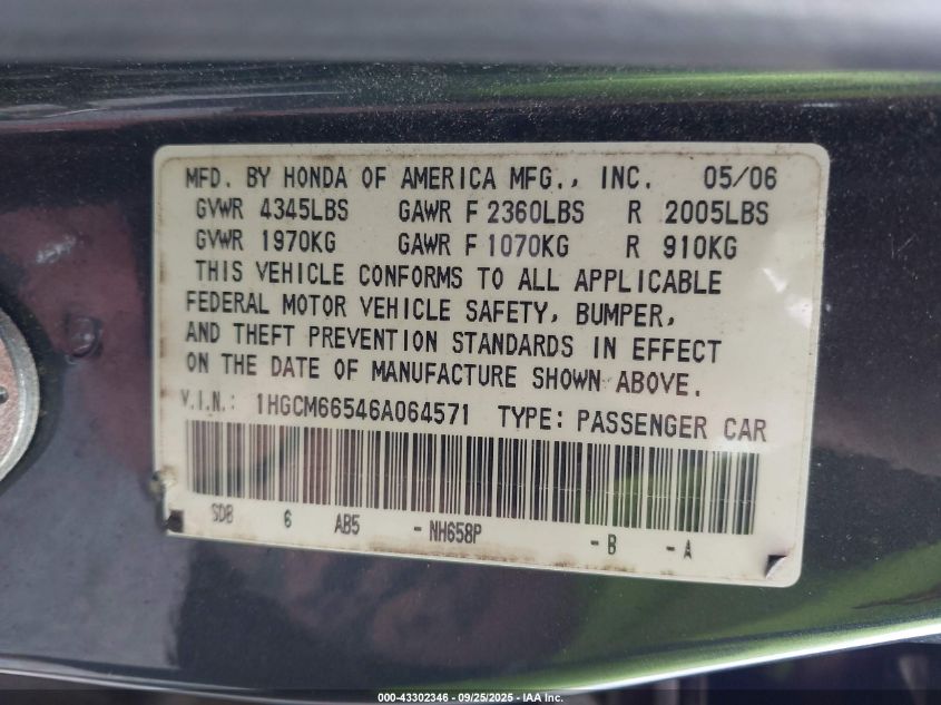 2006 Honda Accord Sdn Ex-L V6 VIN: 1HGCM66546A064571 Lot: 43302346