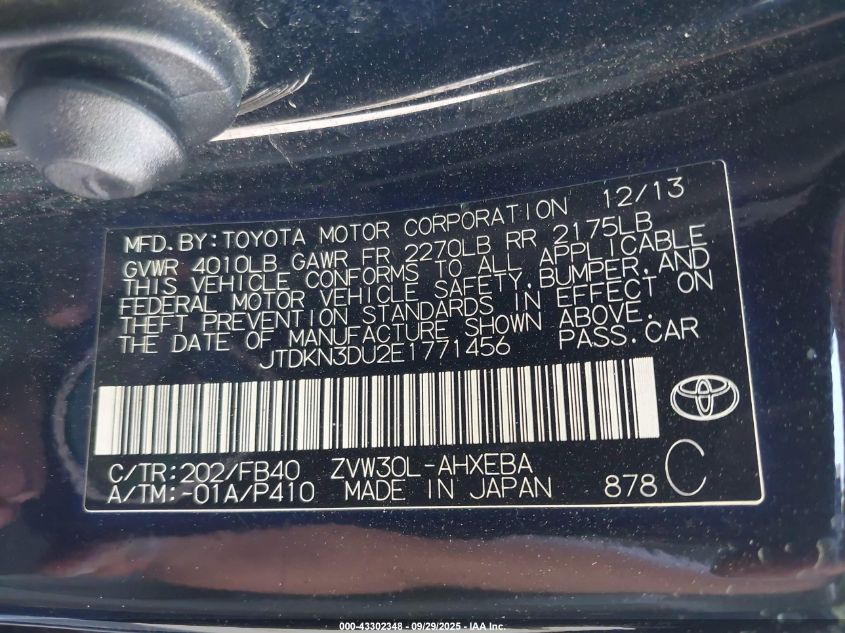 2014 Toyota Prius Two VIN: JTDKN3DU2E1771456 Lot: 43302348