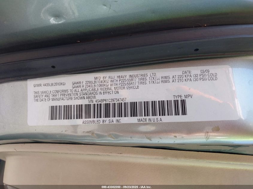 2009 Subaru Outback 2.5I VIN: 4S4BP61C297347457 Lot: 43302350