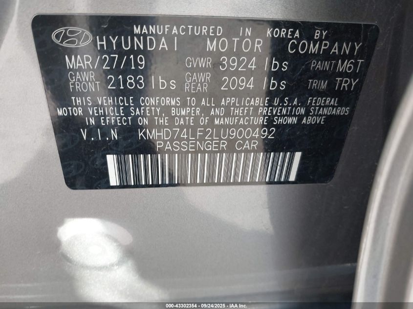 2020 Hyundai Elantra Se VIN: KMHD74LF2LU900492 Lot: 43302354