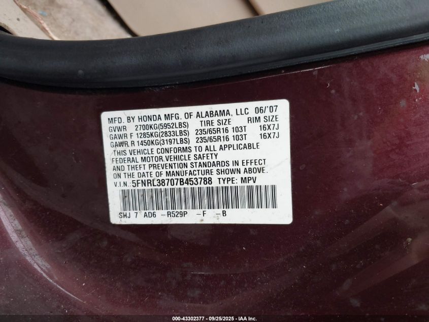 2007 Honda Odyssey Ex-L VIN: 5FNRL38707B453788 Lot: 43302377