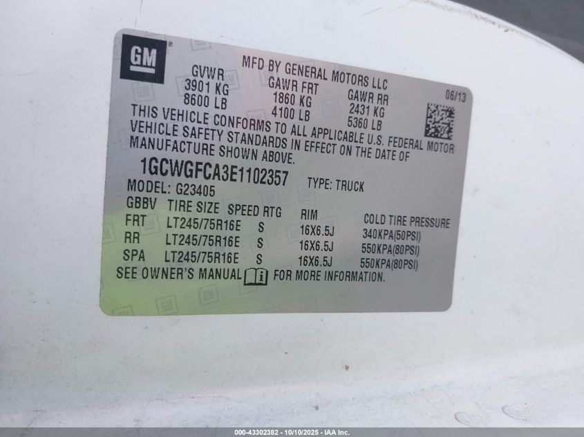 2014 Chevrolet Express 2500 Work Van VIN: 1GCWGFCA3E1102357 Lot: 43302382