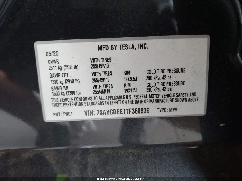 2026 Tesla Model Y Long Range Dual Motor All-Wheel Drive/Long Range Launch Series VIN: 7SAYGDEE1TF368836 Lot: 43302391