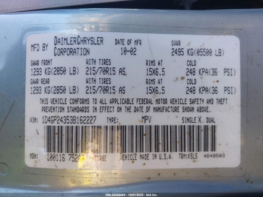 2003 Dodge Grand Caravan Se VIN: 1D4GP24353B162227 Lot: 43302404