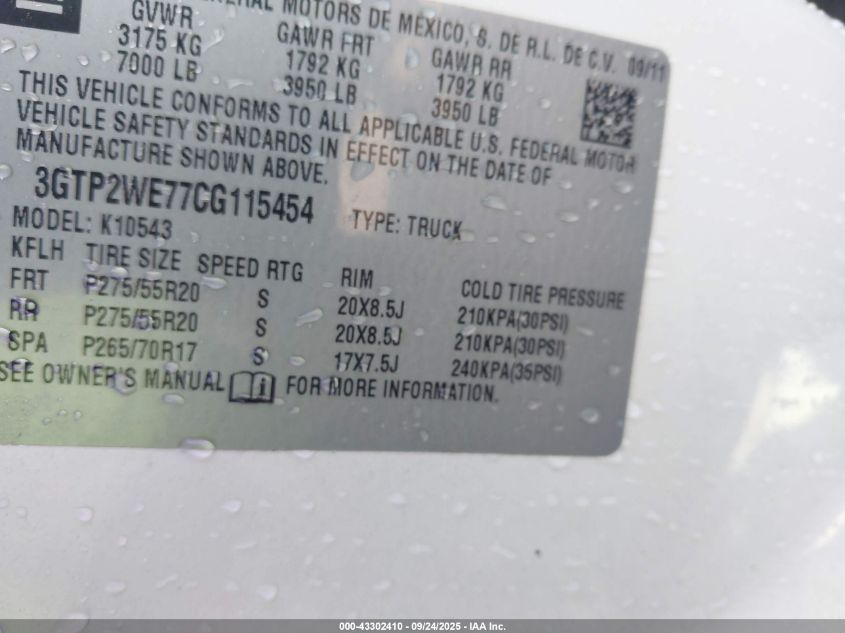 2012 GMC Sierra 1500 Slt VIN: 3GTP2WE77CG115454 Lot: 43302410