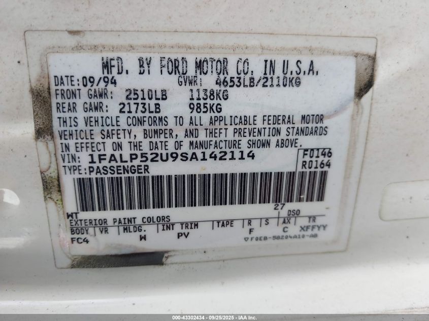 1995 Ford Taurus Gl/Se VIN: 1FALP52U9SA142114 Lot: 43302434
