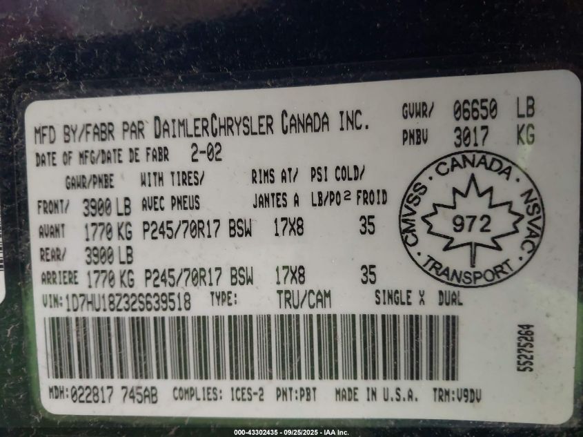 2002 Dodge Ram 1500 St VIN: 1D7HU18Z32S639518 Lot: 43302435
