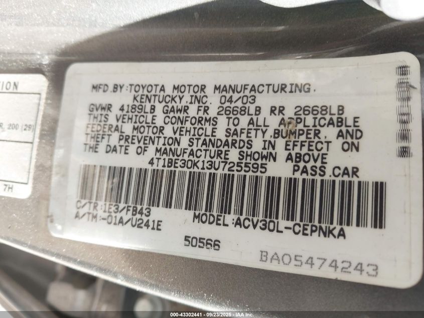 2003 Toyota Camry Le VIN: 4T1BE30K13U725595 Lot: 43302441