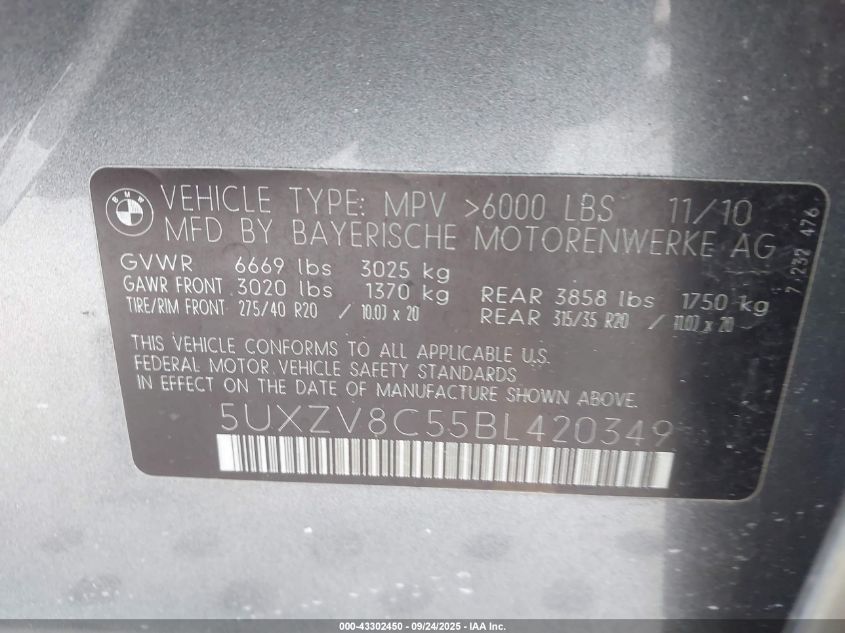 2011 BMW X5 xDrive50I VIN: 5UXZV8C55BL420349 Lot: 43302450