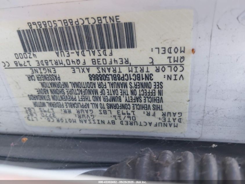 2011 Nissan Versa 1.8S VIN: 3N1BC1CP8BL508868 Lot: 43302452