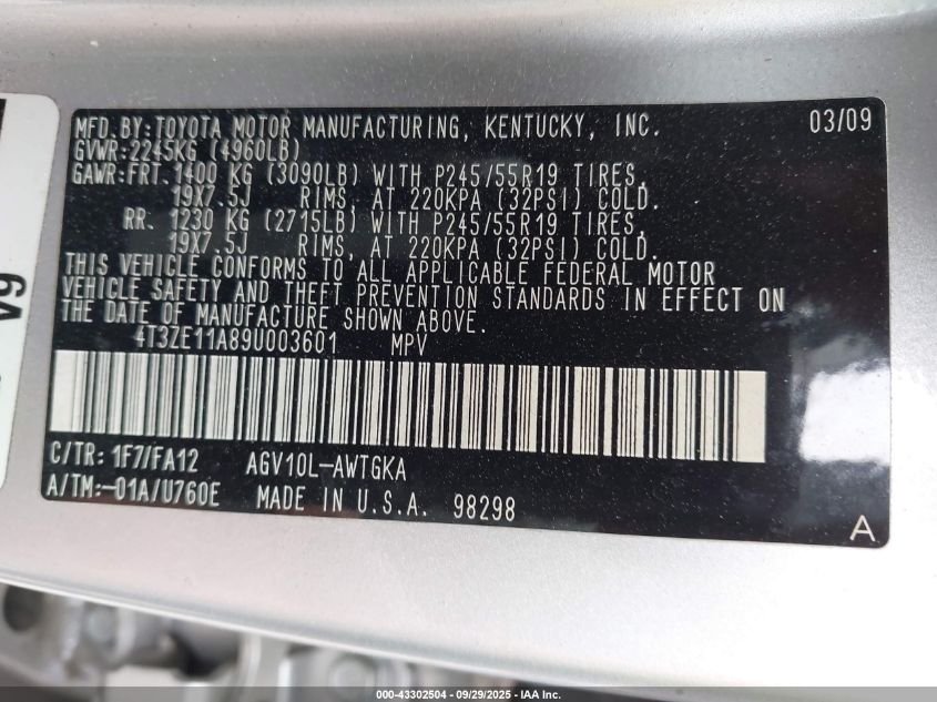 2009 Toyota Venza VIN: 4T3ZE11A89U003601 Lot: 43302504