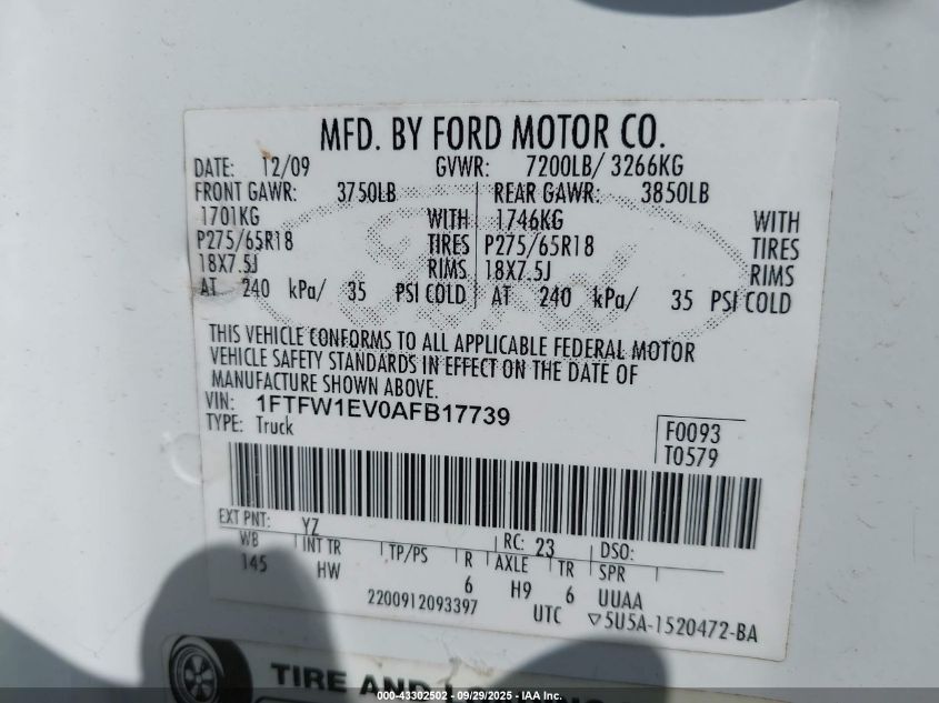 2010 Ford F-150 Fx4/Harley-Davidson/King Ranch/Lariat/Platinum/Xl/Xlt VIN: 1FTFW1EV0AFB17739 Lot: 43302502
