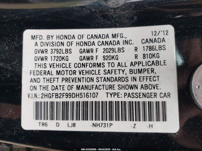 2013 Honda Civic Ex-L VIN: 2HGFB2F99DH516107 Lot: 43302506