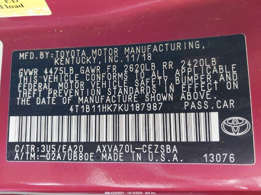 2019 Toyota Camry Se VIN: 4T1B11HK7KU187987 Lot: 43302521