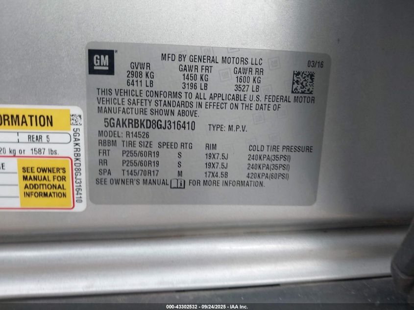 2016 Buick Enclave Leather VIN: 5GAKRBKD8GJ316410 Lot: 43302532