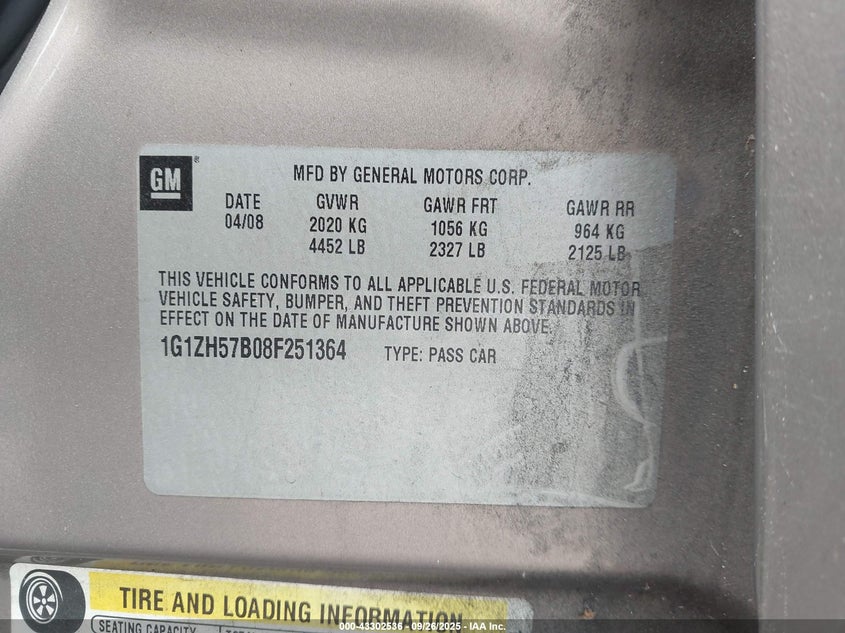 2008 Chevrolet Malibu Lt VIN: 1G1ZH57B08F251364 Lot: 43302536