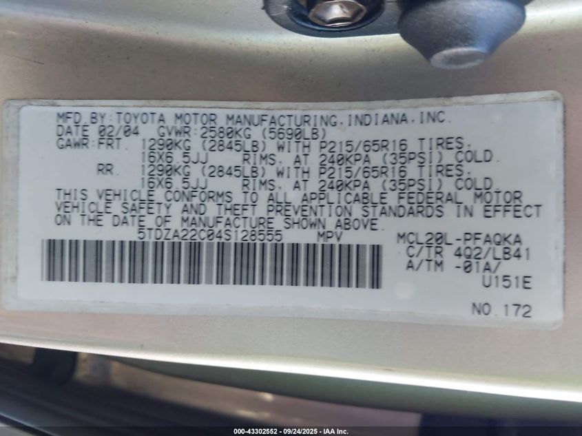 2004 Toyota Sienna Xle VIN: 5TDZA22C04S128555 Lot: 43302552