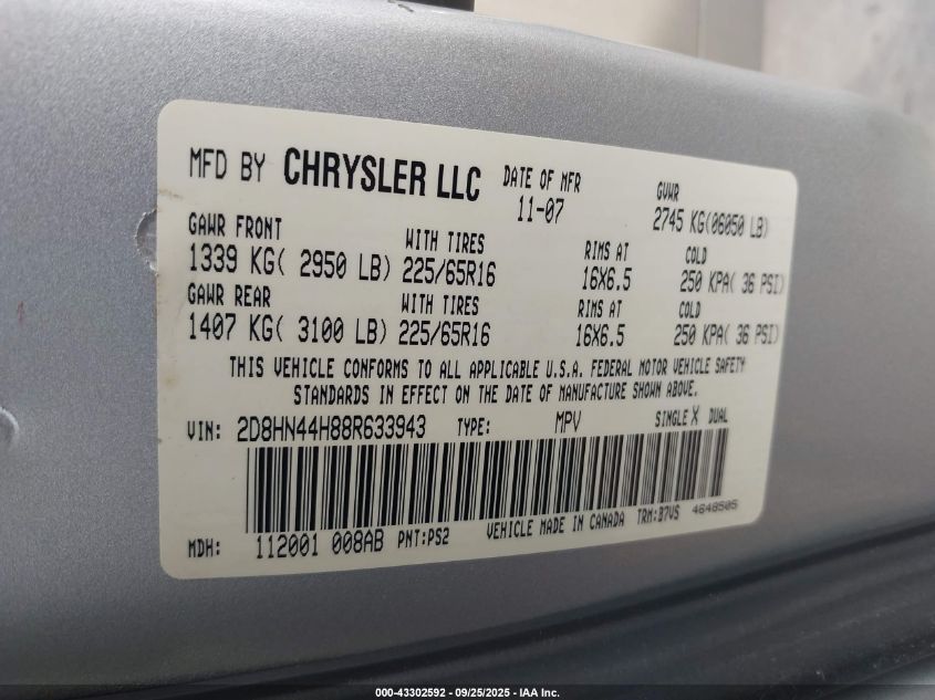 2008 Dodge Grand Caravan Se VIN: 2D8HN44H88R633943 Lot: 43302592