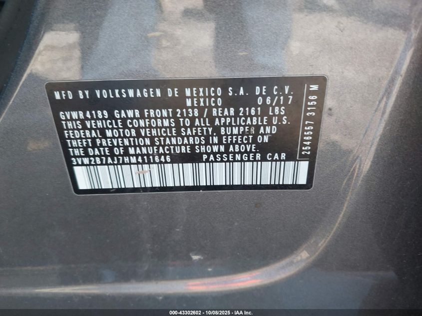 2017 Volkswagen Jetta 1.4T S VIN: 3VW2B7AJ7HM411646 Lot: 43302602