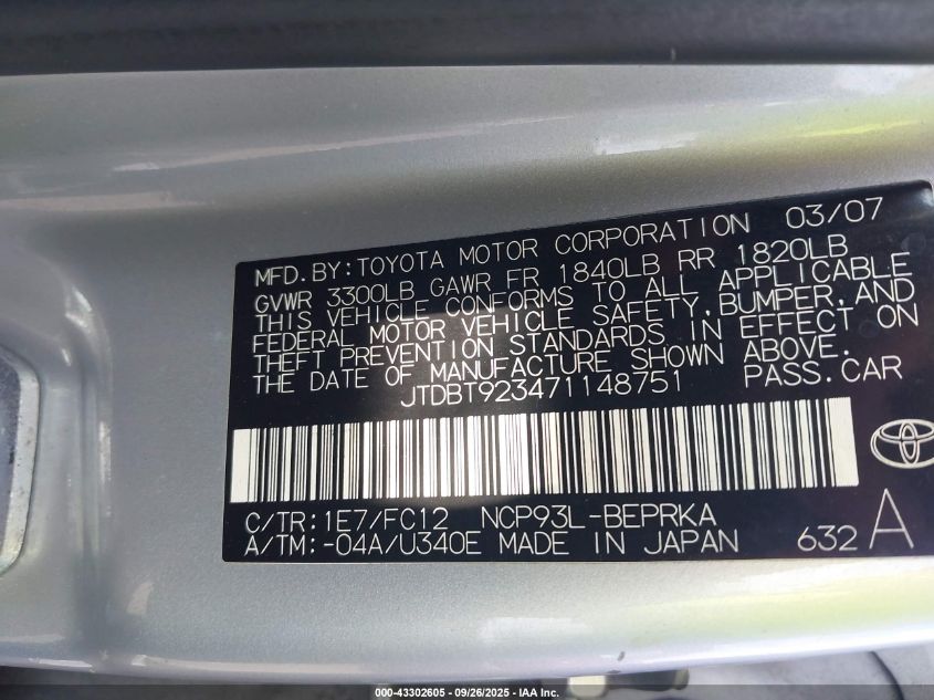 2007 Toyota Yaris VIN: JTDBT923471148751 Lot: 43302605