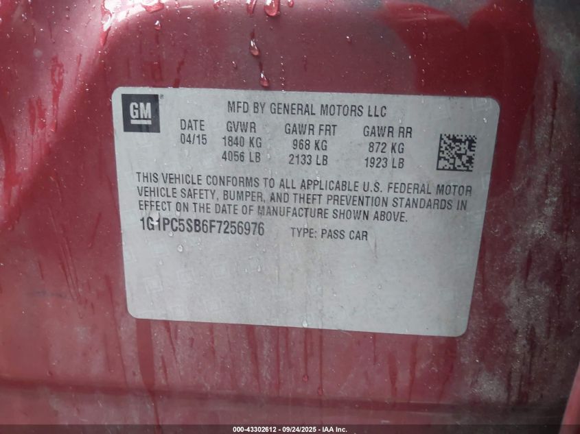 2015 Chevrolet Cruze 1Lt Auto VIN: 1G1PC5SB6F7256976 Lot: 43302612