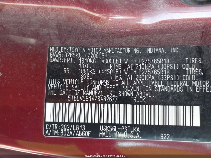 2007 Toyota Tundra Limited 5.7L V8 VIN: 5TBDV58147S482677 Lot: 43302638