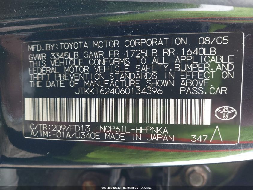 2006 Scion Xa VIN: JTKKT624060134396 Lot: 43302642